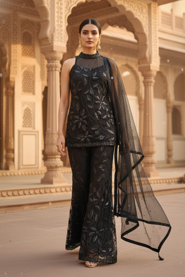 Bold Statement Black Net Readymade Sharara Set With Net Dupatta