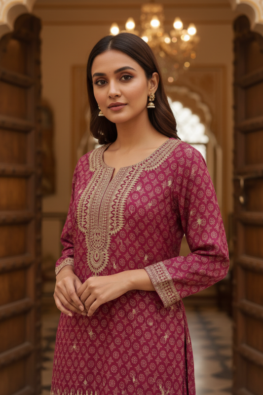Magenta Chinon Readymade Sharara Set With Chinon Dupatta