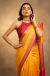 Shine Bright In Mango Gold Banarasi Silk Saree With Unstitched Blouse