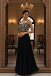 Black Georgette Short Top Readymade Sharara Set With Shrug