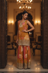 Mustard Gajari Crepe Readymade Sharara Set With Chinon Dupatta
