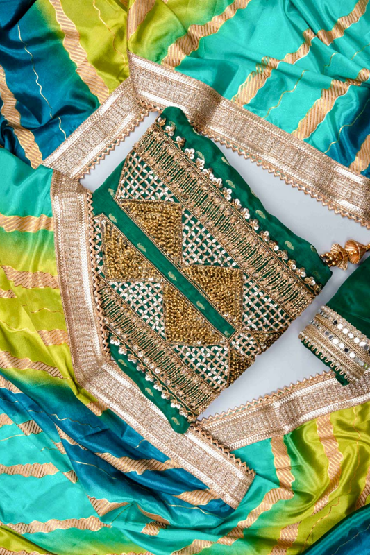 Bottle Green Dola Unstitched Salwar Suit With Dola Dupatta