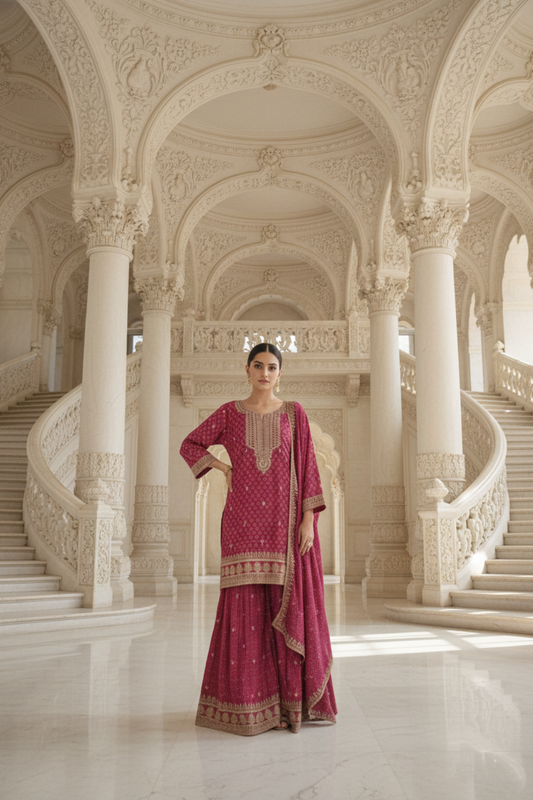 Magenta Chinon Readymade Sharara Set With Chinon Dupatta
