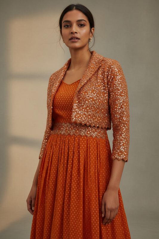 Orange Georgette Floor Length Readymade Suit With Shrug