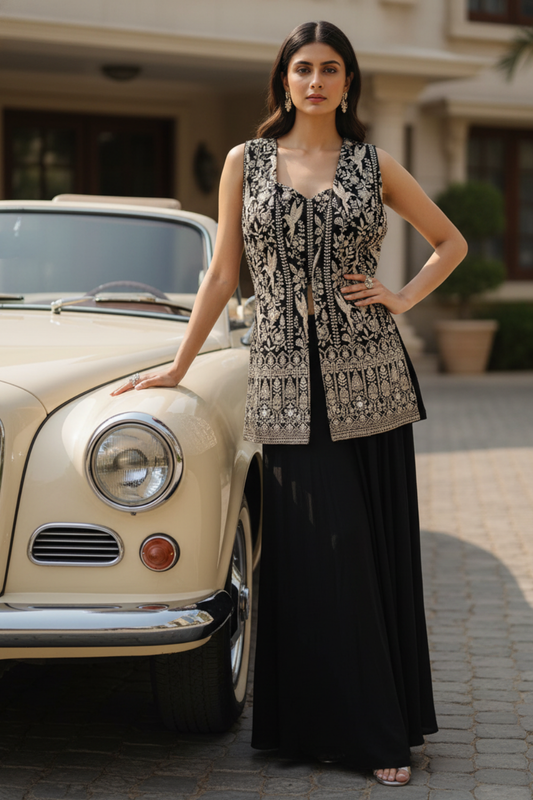 Black Georgette Short Top Readymade Sharara Set With Shrug