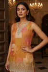 Mustard Gajari Crepe Readymade Sharara Set With Chinon Dupatta