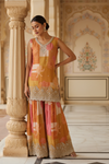 Mustard Gajari Crepe Readymade Sharara Set With Chinon Dupatta