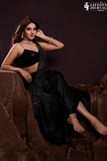 Black Net Pre-Draped Designer Saree With Readymade Blouse (Ft:-Nidhhi Agerwal)