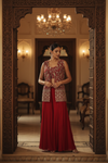 Red Georgette Short Top Readymade Sharara Set With Shrug