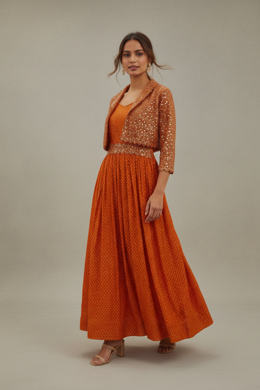 Orange Georgette Floor Length Readymade Suit With Shrug