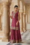 Magenta Chinon Readymade Sharara Set With Chinon Dupatta