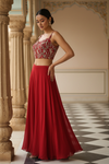 Red Georgette Short Top Readymade Sharara Set With Shrug