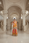 Mustard Gajari Crepe Readymade Sharara Set With Chinon Dupatta