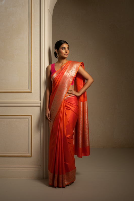 Spark The Difference In Orange Banarasi Silk Saree With Unstitched Blouse