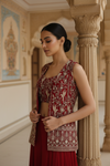 Red Georgette Short Top Readymade Sharara Set With Shrug