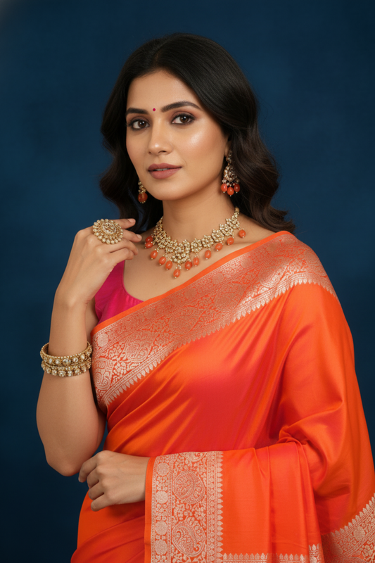 Spark The Difference In Orange Banarasi Silk Saree With Unstitched Blouse