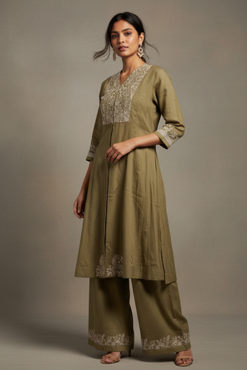 Chikoo Cotton Readymade Sharara Set With Organza Dupatta