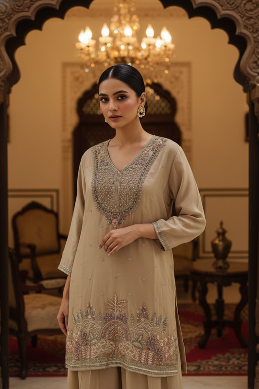 Peach Organza Readymade Sharara Set With Organza Dupatta