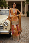 Mustard Gajari Crepe Readymade Sharara Set With Chinon Dupatta