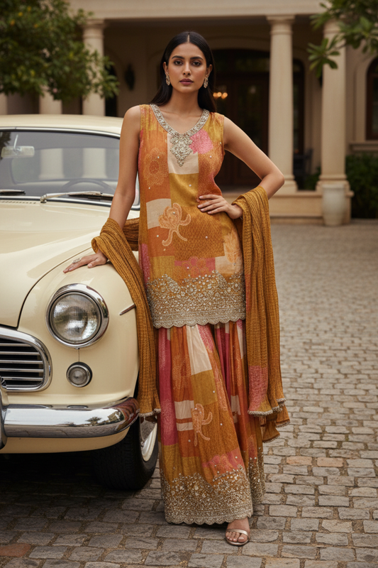 Mustard Gajari Crepe Readymade Sharara Set With Chinon Dupatta