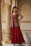 Red Georgette Short Top Readymade Sharara Set With Shrug