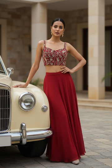 Red Georgette Short Top Readymade Sharara Set With Shrug