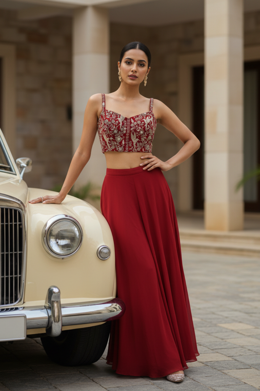 Red Georgette Short Top Readymade Sharara Set With Shrug
