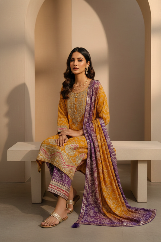 Sunshine Charm Mustard Chinon Readymade Sharara Set With Chinon Dupatta