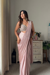 Peach Lycra Pre-Draped Designer Saree With Readymade Blouse (Ft. Swati Rathi)