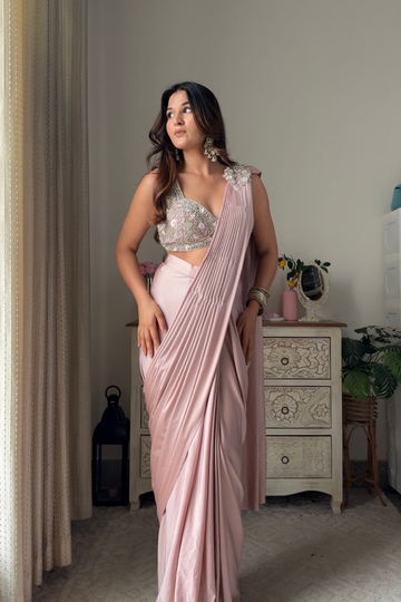 Peach Lycra Pre-Draped Designer Saree With Readymade Blouse (Ft. Swati Rathi)