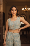 Sky Blue Chinon Readymade Sharara Set With Chinon Dupatta