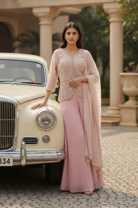 Pink Net Readymade Sharara Set With Net Dupatta