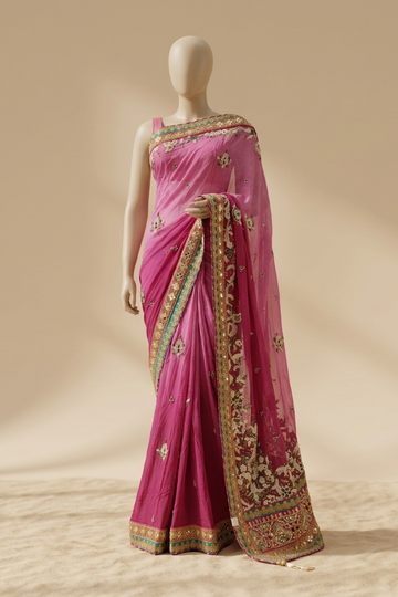 Ruby Wine Georgette Embroidered Saree With Unstitched Blouse