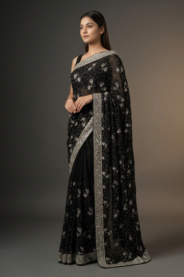 Black Georgette Embroidered Saree With Unstitched Blouse