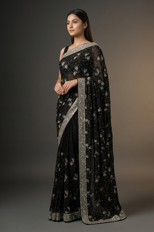 Black Georgette Embroidered Saree With Unstitched Blouse