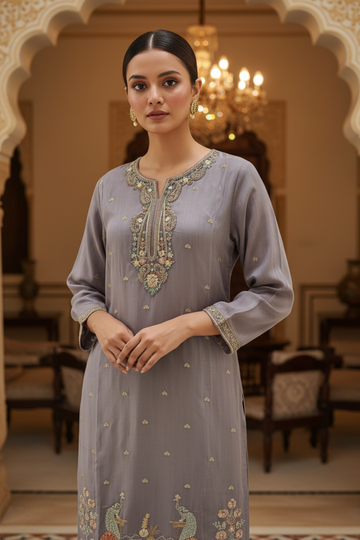Grey Organza Readymade Suit & Palazzo Pant With Organza Dupatta