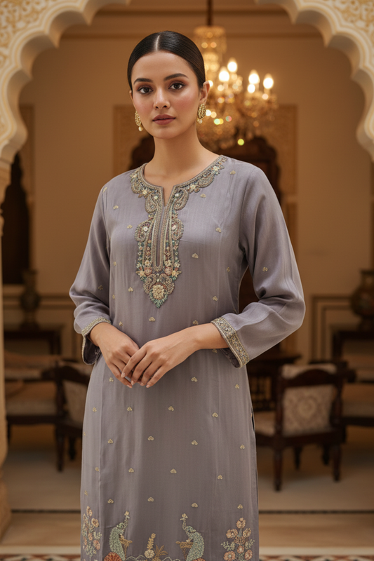 Grey Organza Readymade Suit & Palazzo Pant With Organza Dupatta