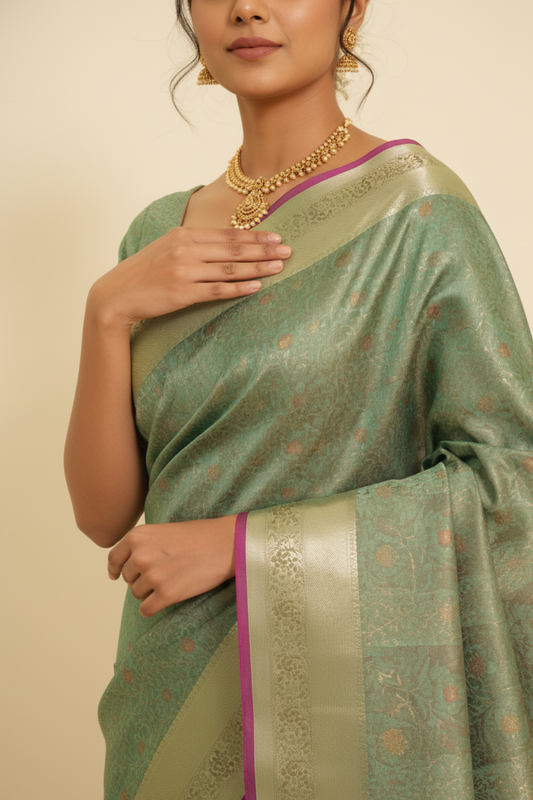 Flow In Freshness With Sea Green Banarasi Silk Saree With Unstitched Blouse