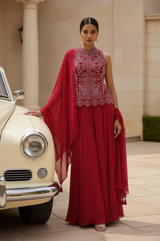 Rani Georgette Readymade Sharara Set With Georgette Dupatta