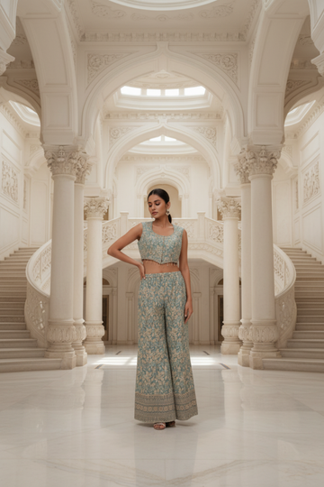 Sky Blue Chinon Readymade Sharara Set With Chinon Dupatta