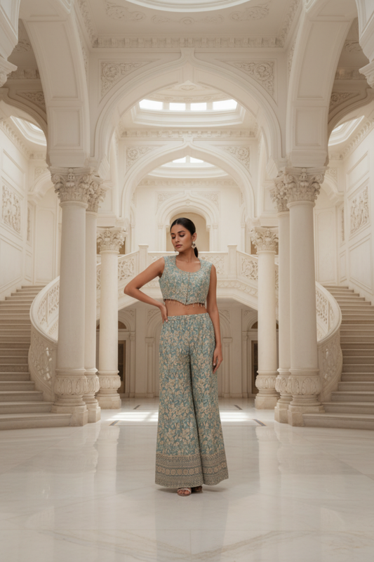 Sky Blue Chinon Readymade Sharara Set With Chinon Dupatta