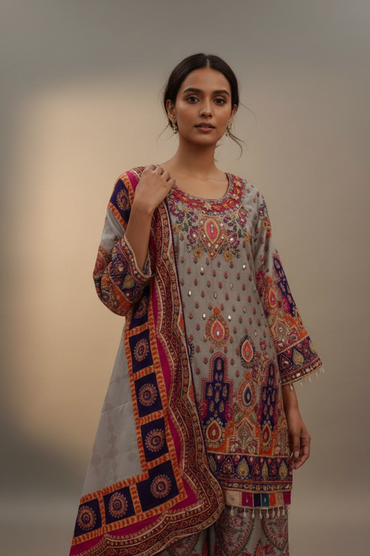 Grey Crepe Readymade Sharara Set With Crepe Dupatta