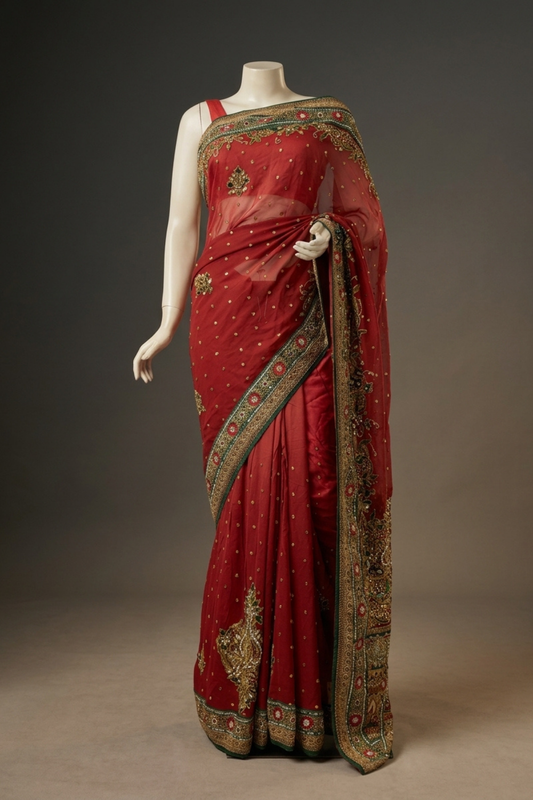 Maroon Chiffon Embroidered Saree With Unstitched Blouse