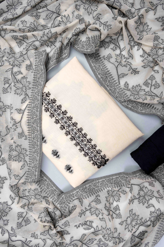 White And Black Cotton Unstitched Salwar Suit With Cotton Dupatta