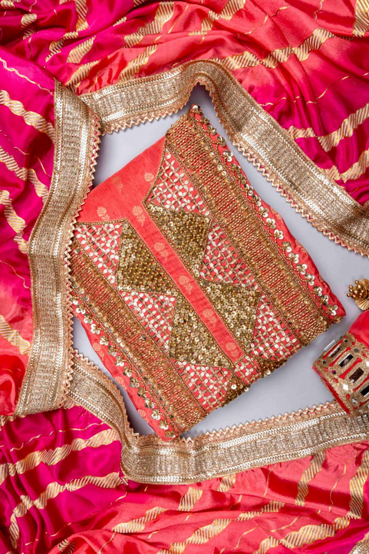 Coral Dola Unstitched Salwar Suit With Dola Dupatta