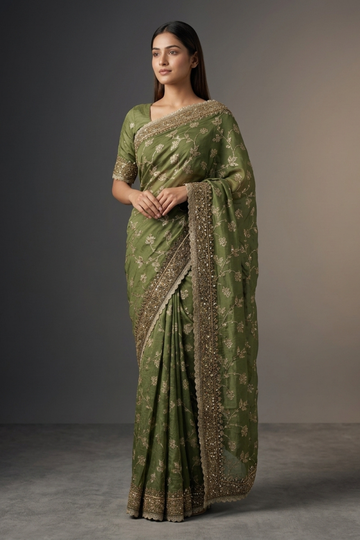 Mehndi Organza Embroidered Saree With Unstitched Blouse