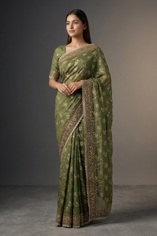 Mehndi Organza Embroidered Saree With Unstitched Blouse