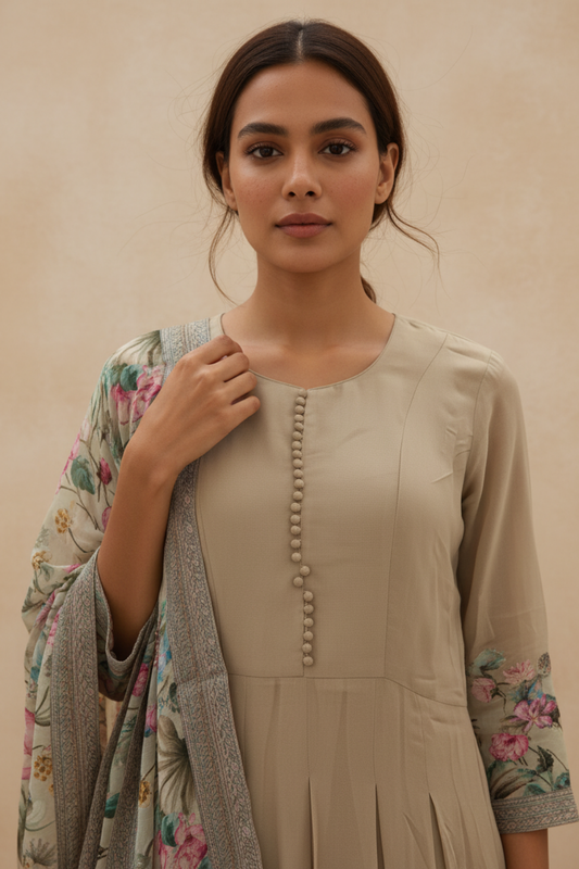 Pista Georgette Floor Length Readymade Suit With Organza Dupatta