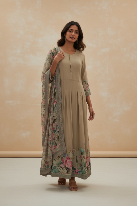 Pista Georgette Floor Length Readymade Suit With Organza Dupatta