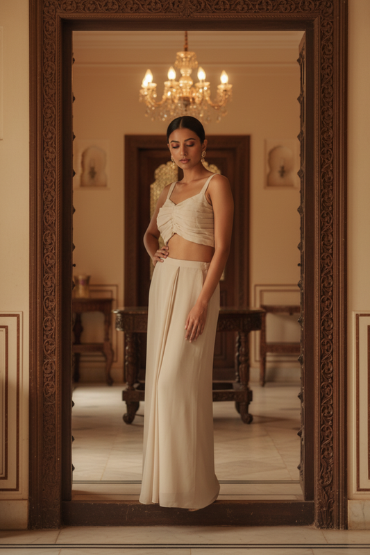 Tussar Georgette Readymade Short Top Sharara Set With Shrug